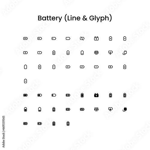 Battery Outline and Glyph (Solid) Icon Set