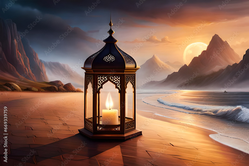 Ornamental Arabic lantern with burning candle glowing . Ornamental Arabic lantern with burning candle glowing .