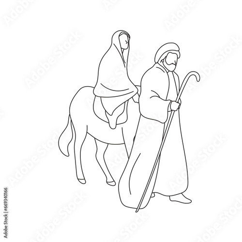 Joseph and pregnant Mary riding on donkey illustration vector hand drawn isolated on white background