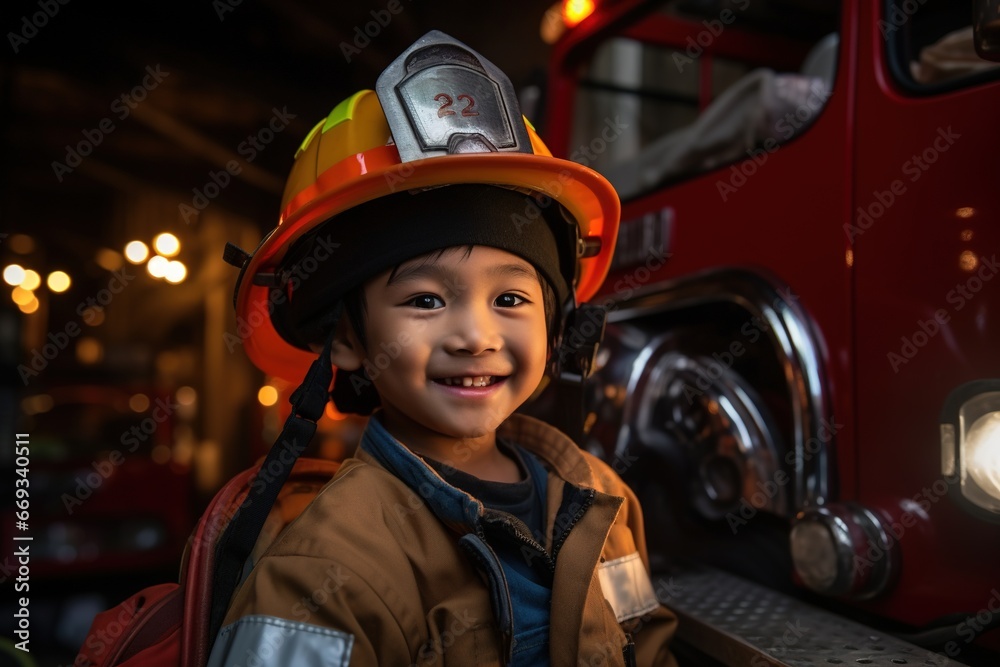 Portrait of cute little boy wearing firefighter uniform in the fire department