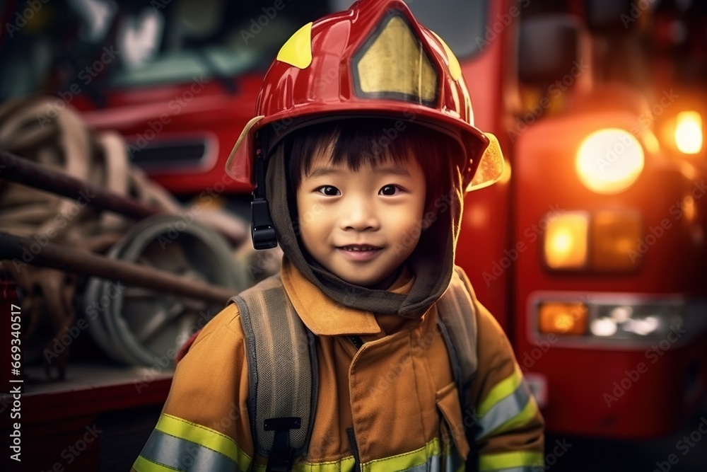 Portrait of cute little boy wearing firefighter uniform in the fire department Portrait of cute little boy wearing firefighter uniform in the fire department