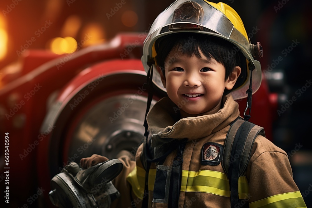 Portrait of cute little boy wearing firefighter uniform in the fire department Portrait of cute little boy wearing firefighter uniform in the fire department