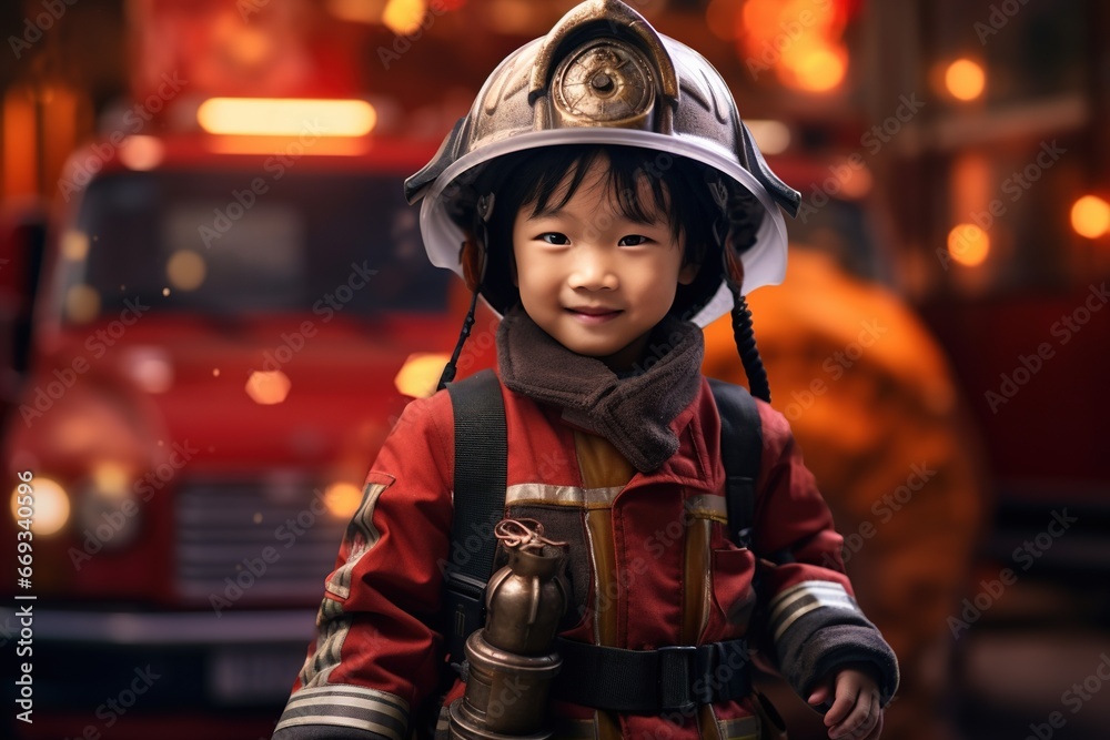 Portrait of cute little boy wearing firefighter uniform in the fire department