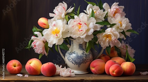 Still-life with a bouquet of pink and white peonies in a jug and peaches.