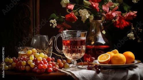 Still-life with a bright bouquet both fragrant tea and tasty wine in a graceful glass, fragrant fruit tea in a transparent cup and wine in a graceful glass and a spring bouquet in an unusual jug