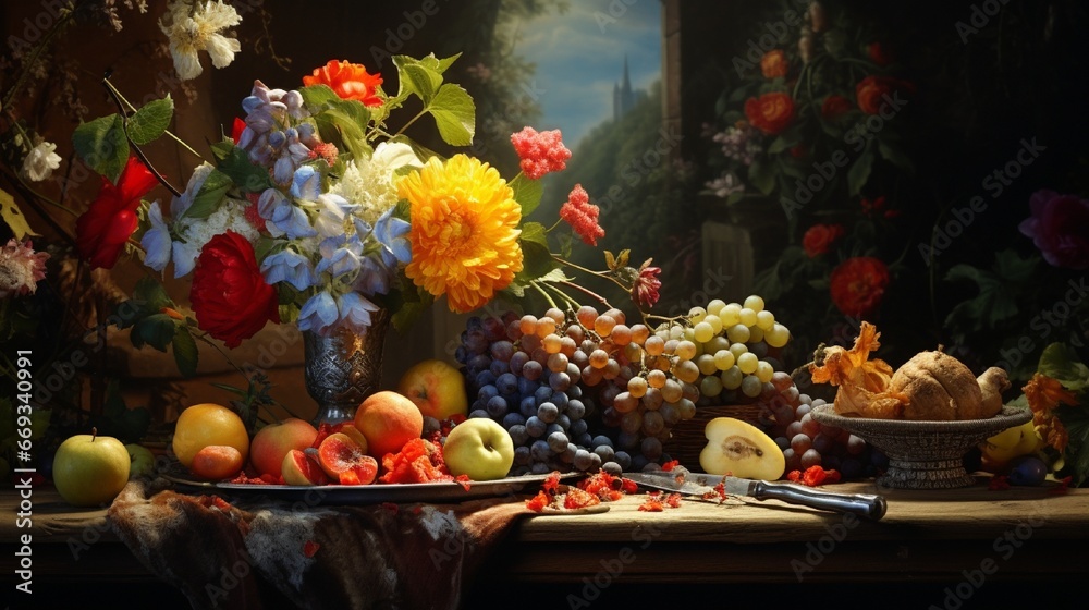 Still life of flowers, fruits and tools