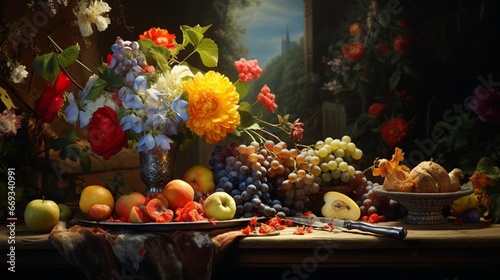 Still life of flowers, fruits and tools
