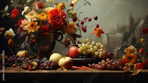 Still life with autumnal flowers and fruits