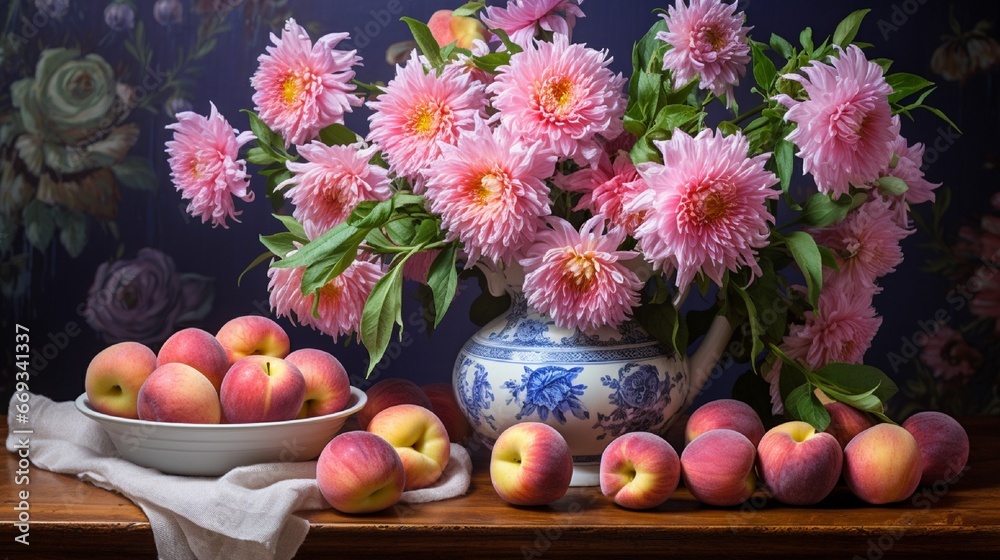Obraz na płótnie Still life with a bunch of asters and peaches w salonie
