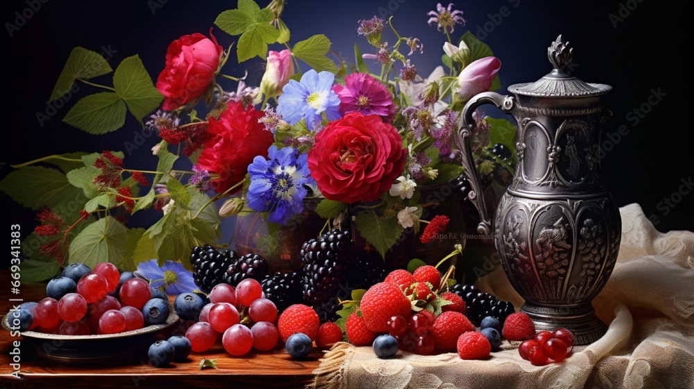 Still life with beautiful flowers and berries