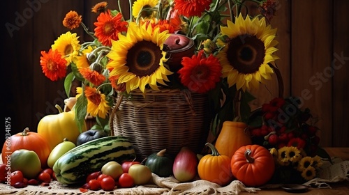 Still life with bouquet of sunflowers, pumpkin, apples and peppers in the basket, rustic style.