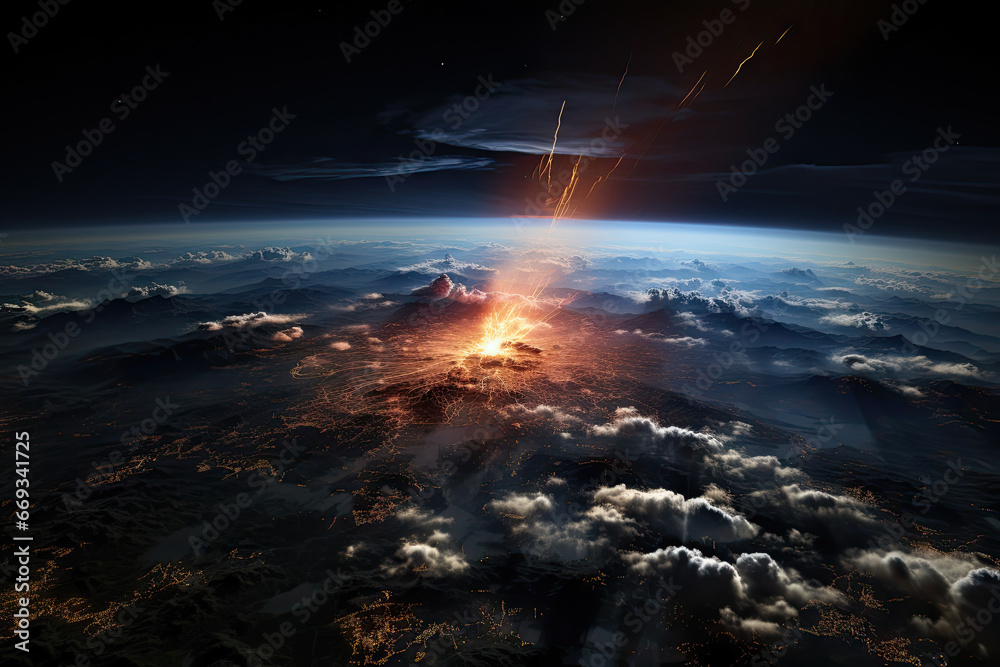 the earth's atmosphere as seen from space, with an explosion of fire and ash in the sky above