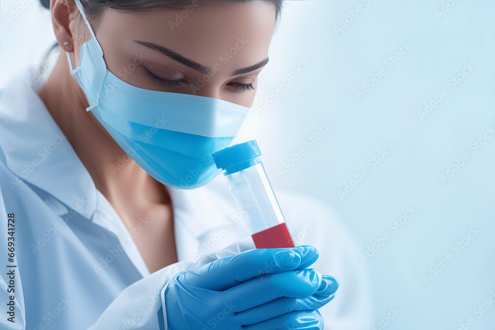 Medical laboratory technician in a protective mask holding blue top blood collection tube Medical laboratory technician in a protective mask holding blue top blood collection tube