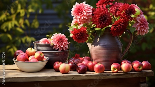 Still life with dahlia in vintage clay pitcher  cones in ceramic flower pot  plums on aged table on fence background  garden scene  real vertical photo  daylight