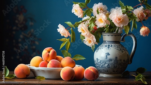 Still life with flowers and peaches in soft focus