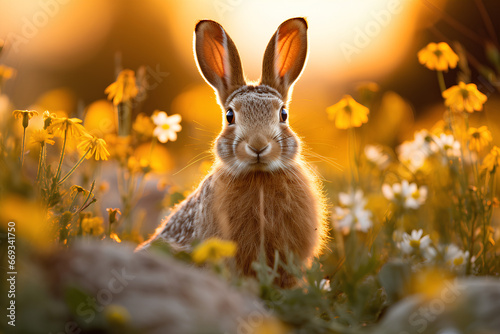 cute rabbit in the sunny meadow, close up
