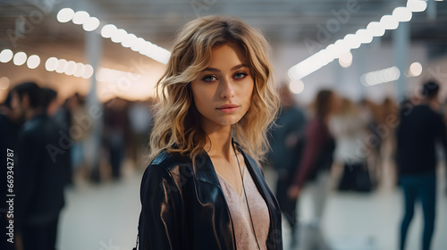 Messy blonde haired woman with a youthful face poses while standing in front of a crowd 