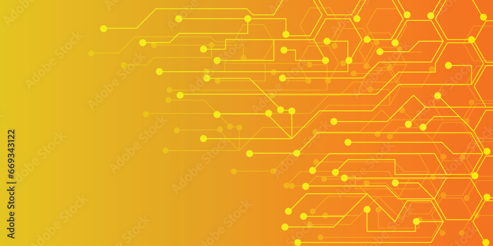 Technology background vector abstract futuristic circuit board hexagonal technology illustration adavanced computer dark yellow gradient background from right to left. Hi-tech digital concept. - obrazy, fototapety, plakaty 