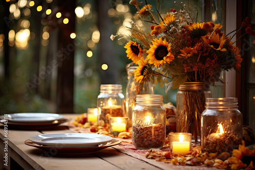 a table setting with candles  plates and flowers in mason jars on top of wooden planks surrounded by lights