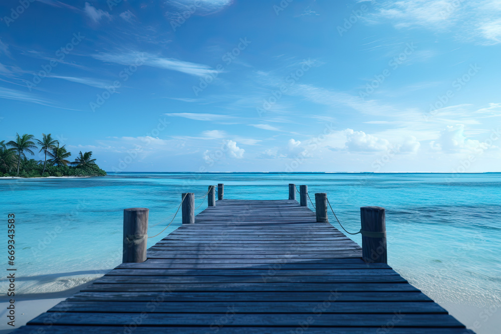 Obraz premium a wooden dock leading to the ocean along side palm trees