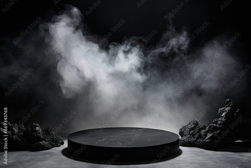 rounded black marble with smokey background. product display podium for product presentation. - obrazy, fototapety, plakaty 