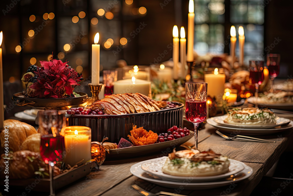 a table setting with candles, plates and dishes on the table for christmas dinner or holiday meal in dark room