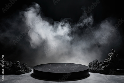 rounded black marble with smokey background. product display podium for product presentation.