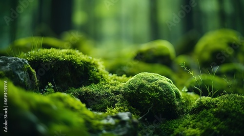 A stone covered with green moss in the forest. Wildlife landscape. Beautiful Bright Green moss grown up covers the rough stones and on the floor in the forest. Product display mockup.