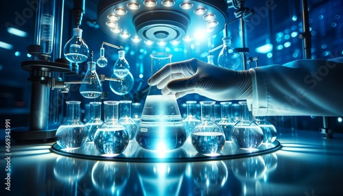 Scientist's Hand Holding Flask in Blue-Lit Lab, Scientific Exploration, Modern Laboratory Research, Aesthetic and Functional Design in Science, Hands-On Investigation and Discovery