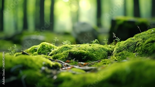 A stone covered with green moss in the forest. Wildlife landscape. Beautiful Bright Green moss grown up covers the rough stones and on the floor in the forest. Product display mockup.