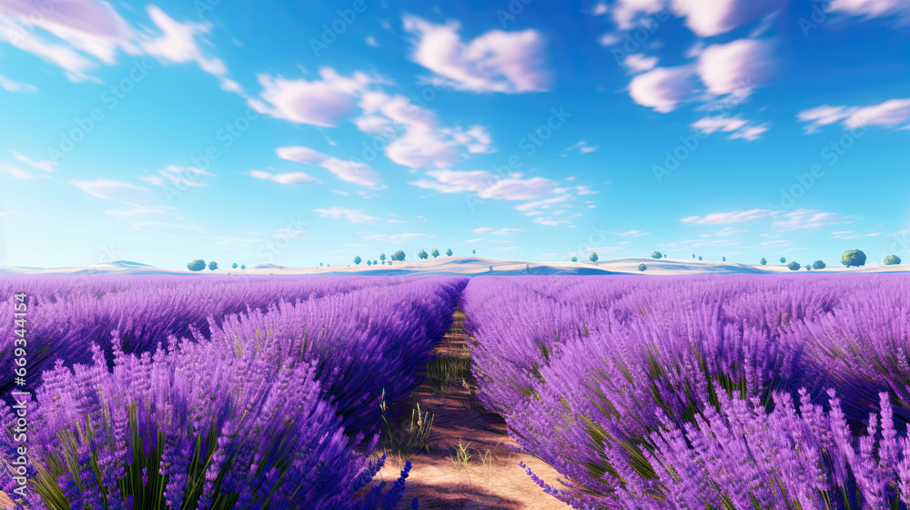 Fototapeta premium beautiful field of lavender flowers with blue sky