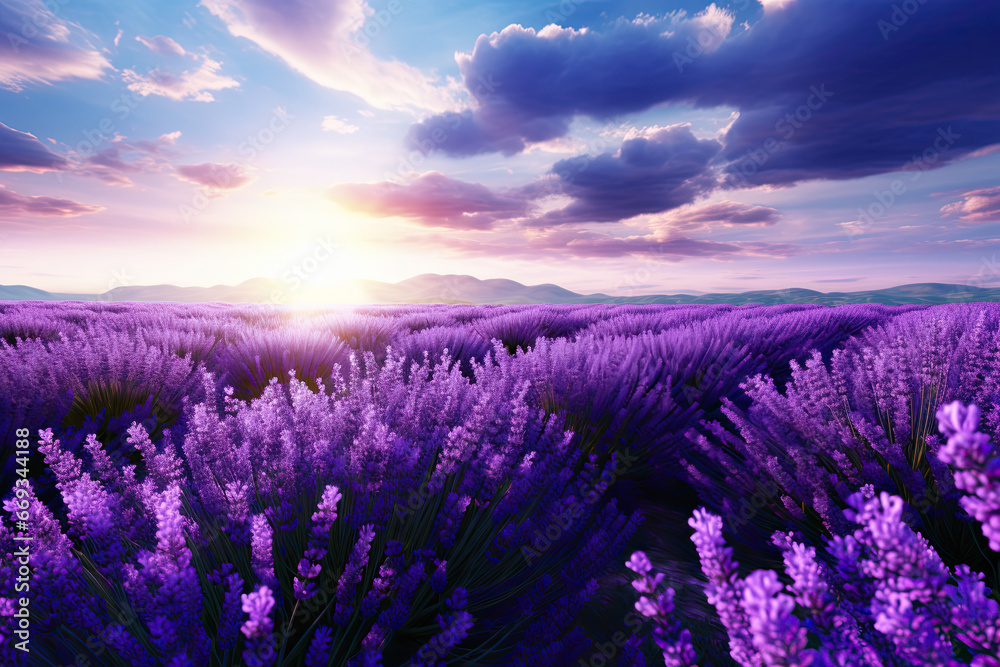 Naklejka premium beautiful field of lavender flowers with blue sky