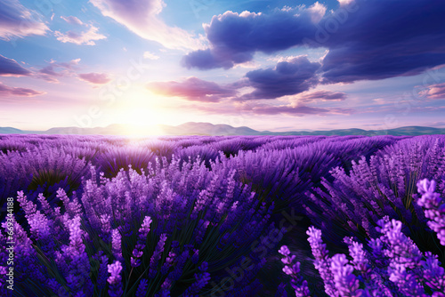 beautiful field of lavender flowers with blue sky