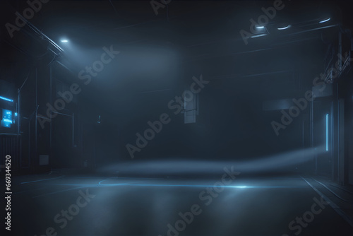 The asphalt floor and studio room with smoke float up dark blue background