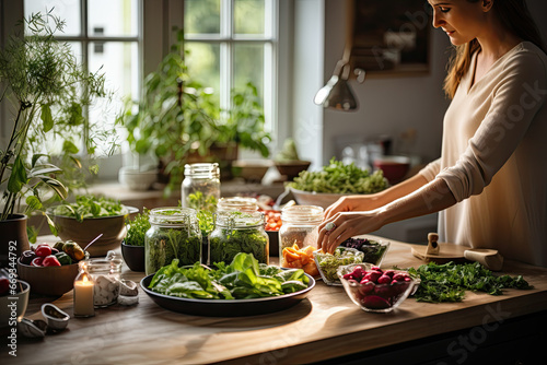 a woman in the kitchen preparing vegetables for salads on a wooden cutting board next to a bowl of greens