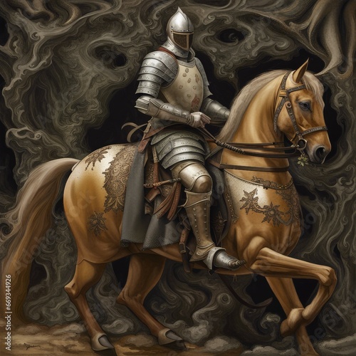 background illustration of horse riding knight in armor