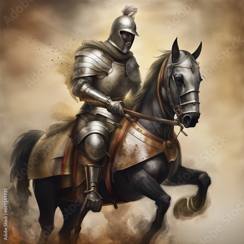 background illustration of horse riding knight in armor