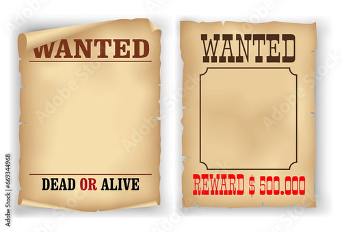 set of realistic wanted poster isolated or vintage scroll parchment manuscripts. 3D Render