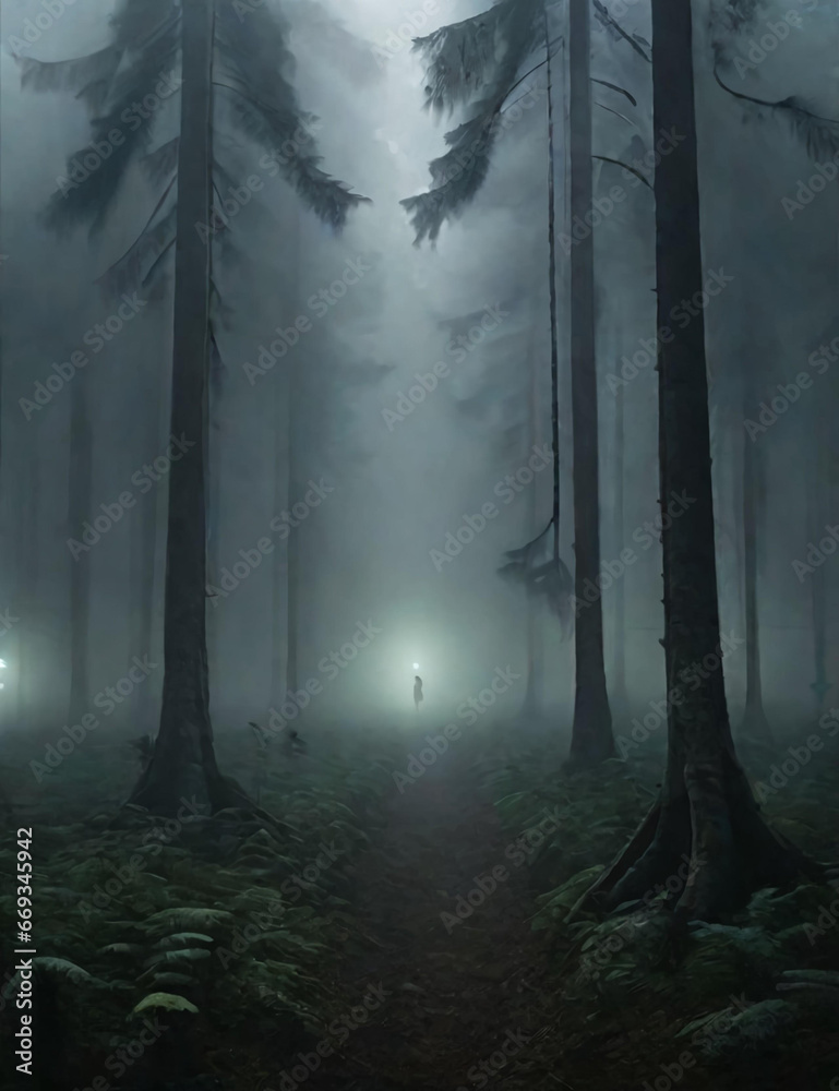 Fototapeta premium the forest is foggy and dark, there are UFOs and alien illustrations