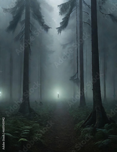 the forest is foggy and dark, there are UFOs and alien illustrations