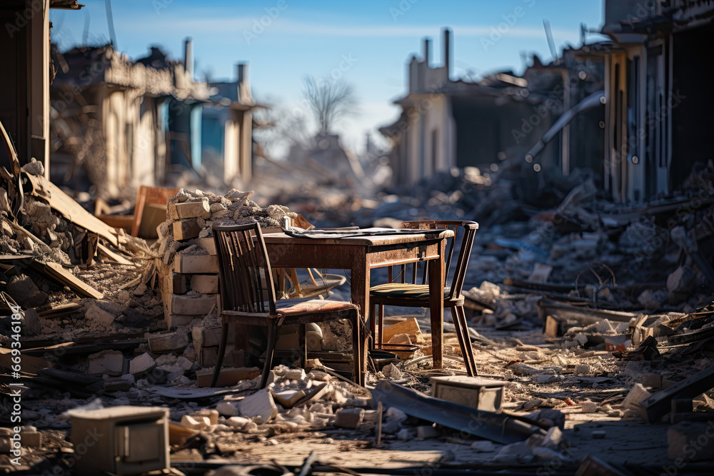 an old table and chair in the middle of a destroyed building with lots of debris scattered on the ground around it
