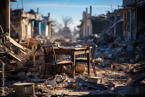 an old table and chair in the middle of a destroyed building with lots of debris scattered on the ground around it