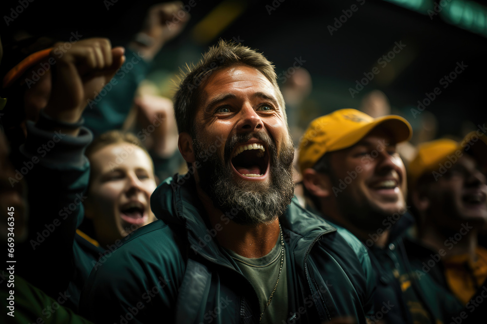 An exuberant man expresses sheer joy amongst a cheering crowd in a stadium setting. An exuberant man expresses sheer joy amongst a cheering crowd in a stadium setting.