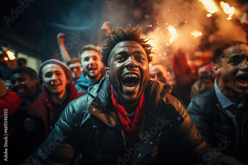 Dynamic shot of elated fans celebrating at night  with fireworks lighting up their expressions of sheer joy.