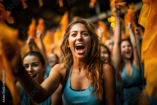 Joyful young woman cheering passionately amid a spirited crowd with orange flags, embodying pure enthusiasm.