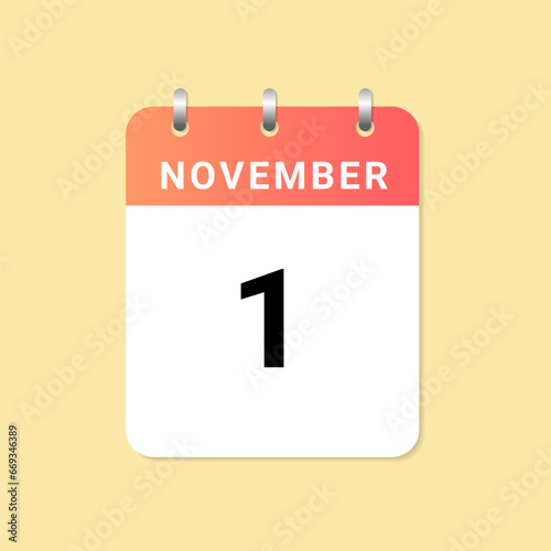 Daily calendar 1st of November month on white paper note