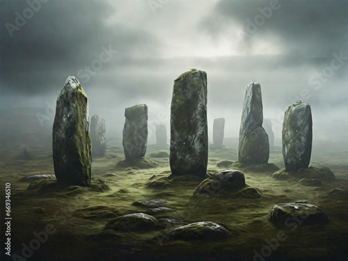 megalithic menhir circle made of stone  covered in moss and very thick fog illustration