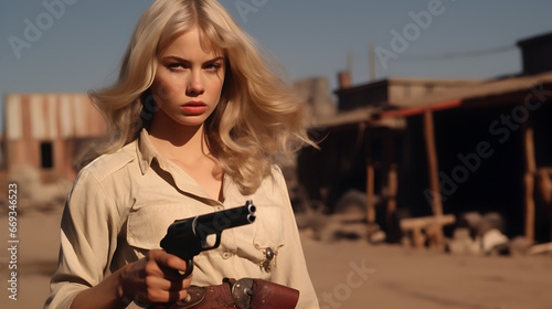 A young gunslinger with blonde hair, poised and ready, stands in the middle of a small wild west town, her pistol drawn and at the ready. photo