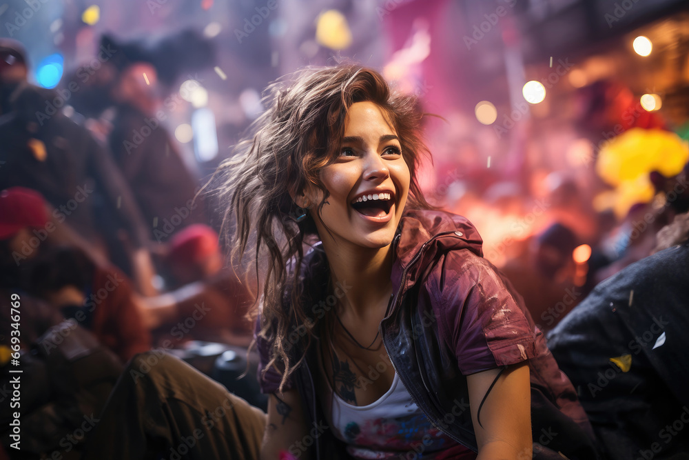 Joyful woman immersed in festival euphoria amidst a vibrant crowd and city lights.