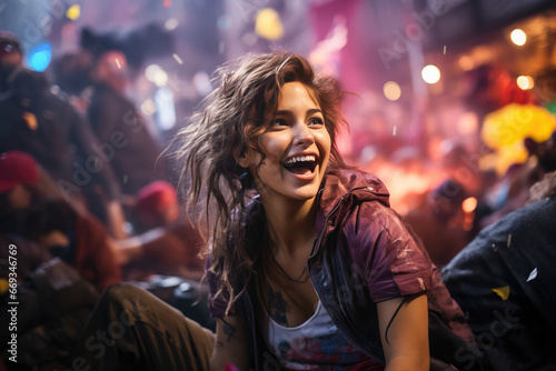 Joyful woman immersed in festival euphoria amidst a vibrant crowd and city lights. © apratim